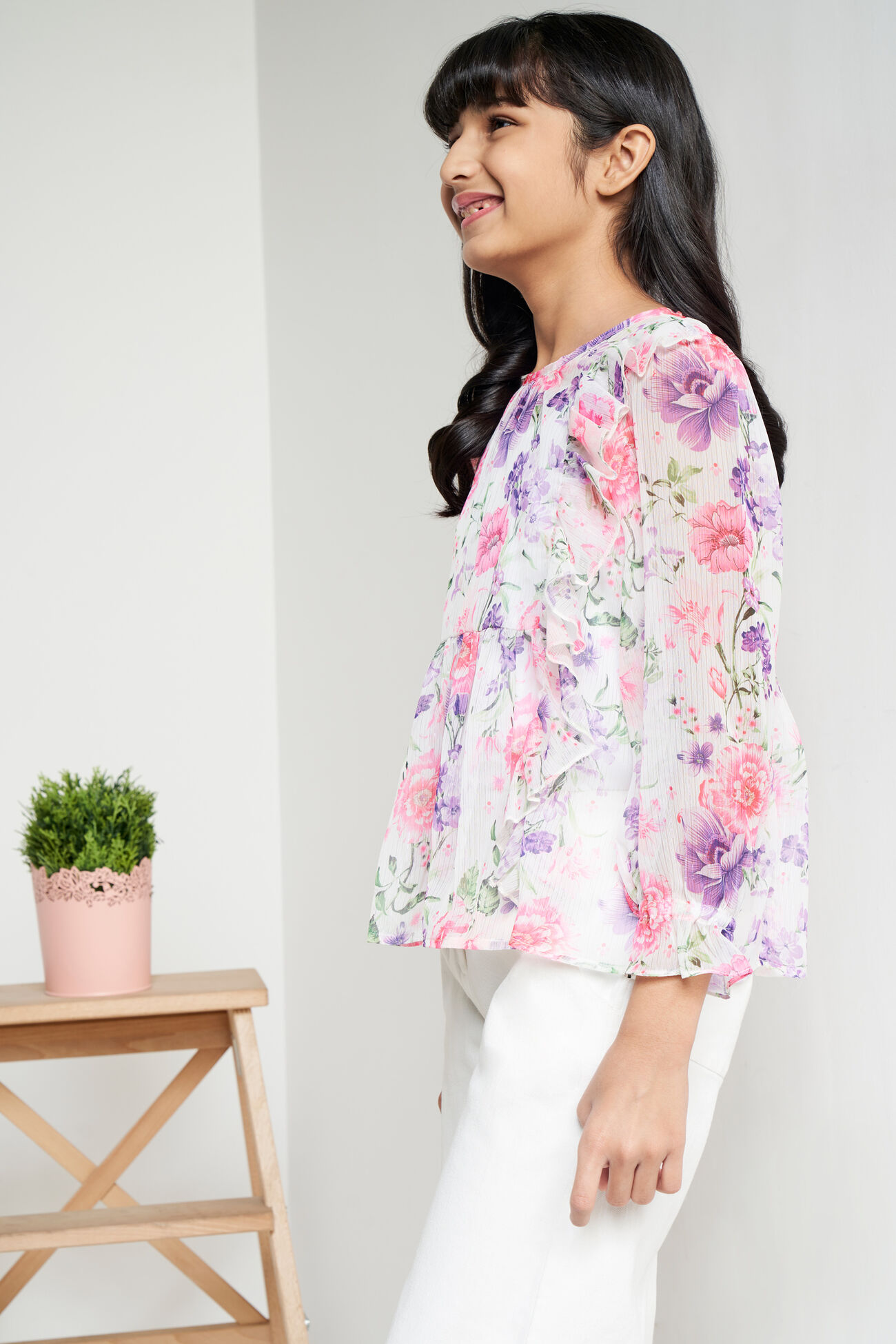 Pink Floral Ruffles Fit And Flare Top, Pink, image 5
